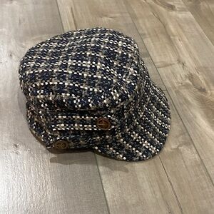 San Diego Hat Co Plaid Newsboy Cap with Buttons and Straps. Purples/Black/Brown